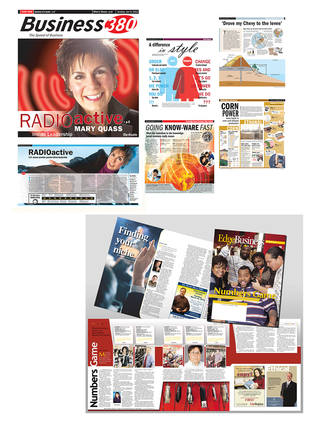 Gazette Business 380 spreads, infographics, and EdgeBusiness Magazine