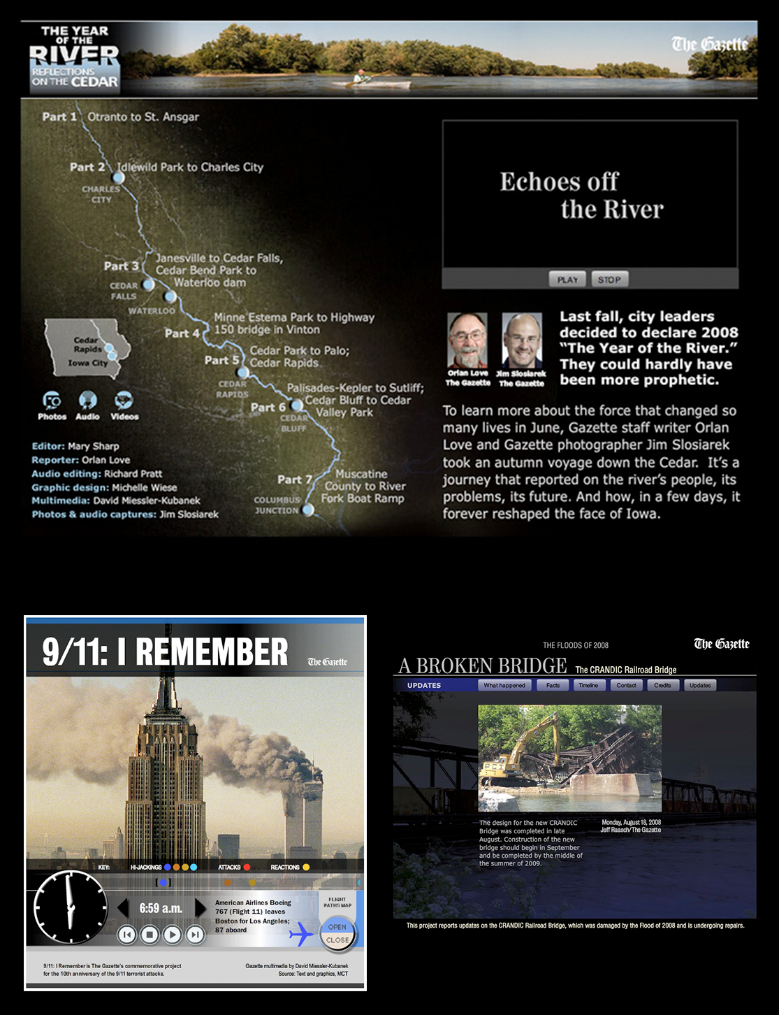 Gazette The Year of the River, 9/11: I Remember, and A Broken Bridge interactive infographics
