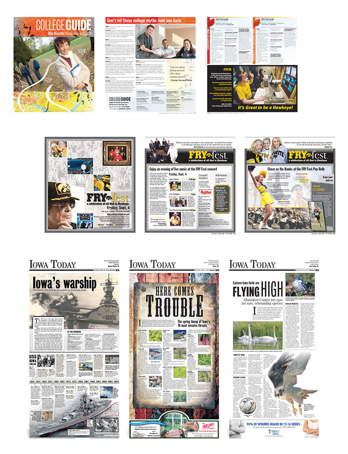 Gazette College Guide, Fry FEST, and Iowa Today pages (award-winning Iowa's Warship)