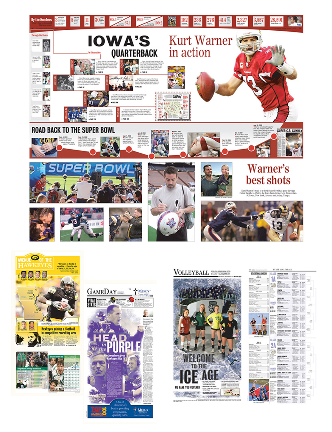 Gazette Kurt Warner in Action infographic and sports pages
