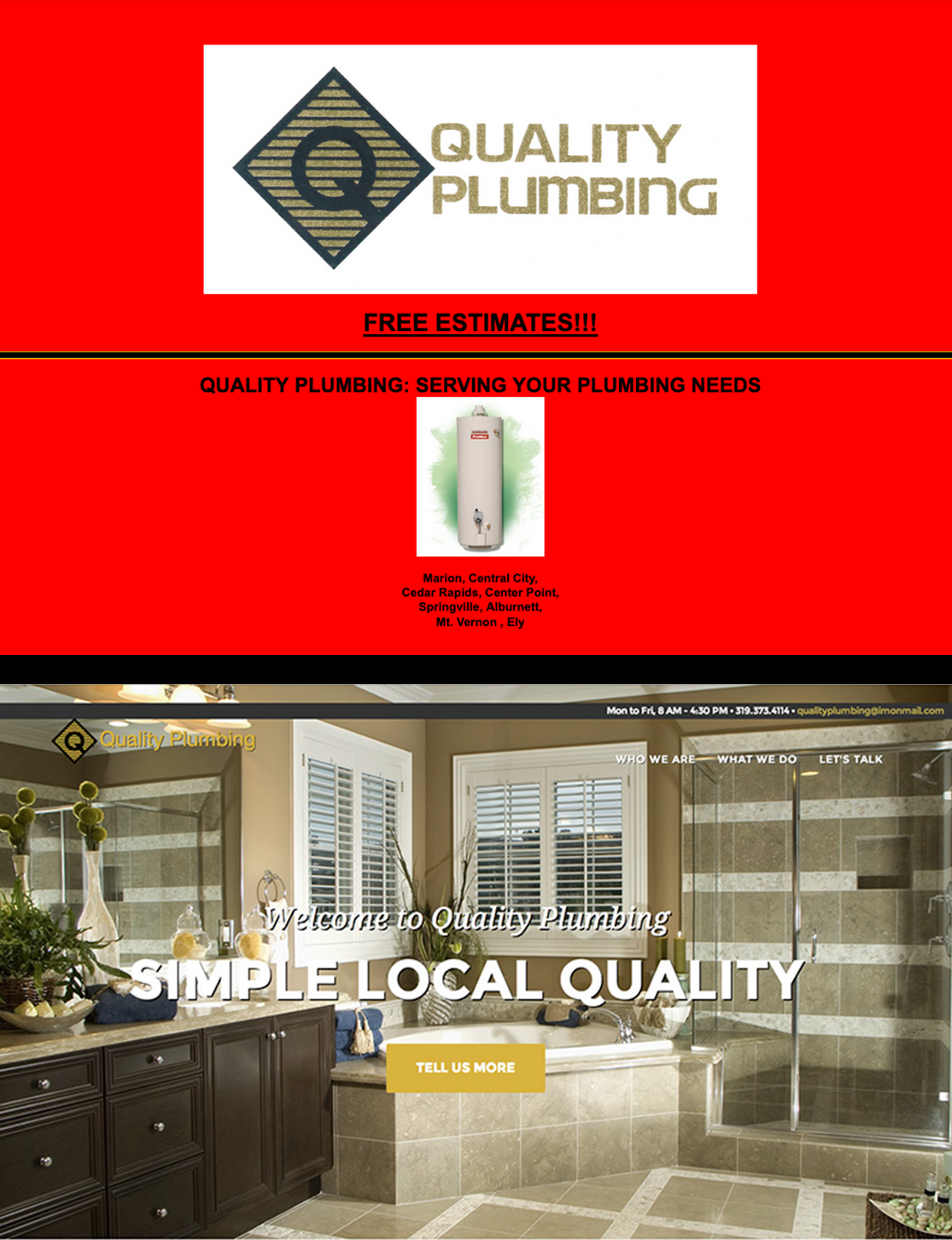 Quality Plumbing Marion website: Before (top) and After (bottom)